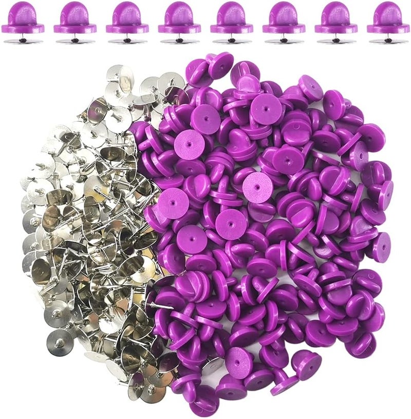 Ruidee 200 Pieces/100 Set Rubber Pin Backs with Tie Tacks Blank Pins, PVC Rubber Pin Back for Uniform Badges Backing Holder Clasp Lapel Pin（Grape Purple） - Image 1